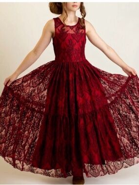 Joyfolie Burgundy Lace Tiered Maxi Dress for Girls